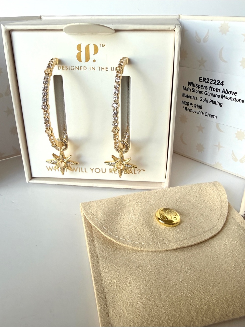 Bomb Party Halo EarRings “Whispers From Above" Genuine Moonstone on Yellow
Gold.